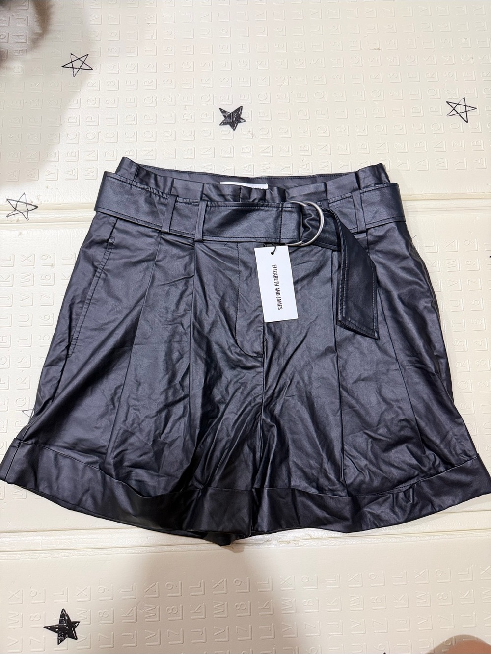 Elizabeth and James Black Faux Leather Belted Skirt